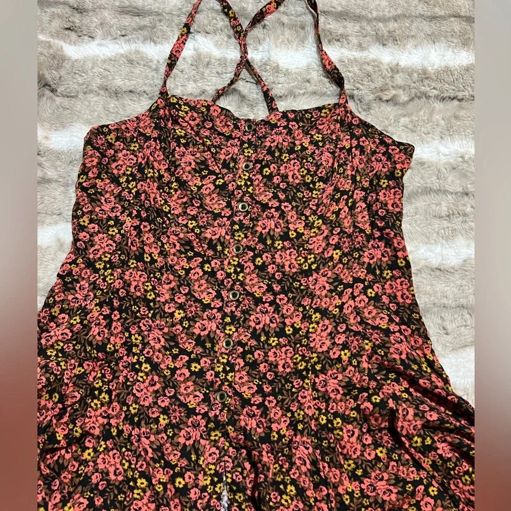 Free people floral bodice button front tank lace up back